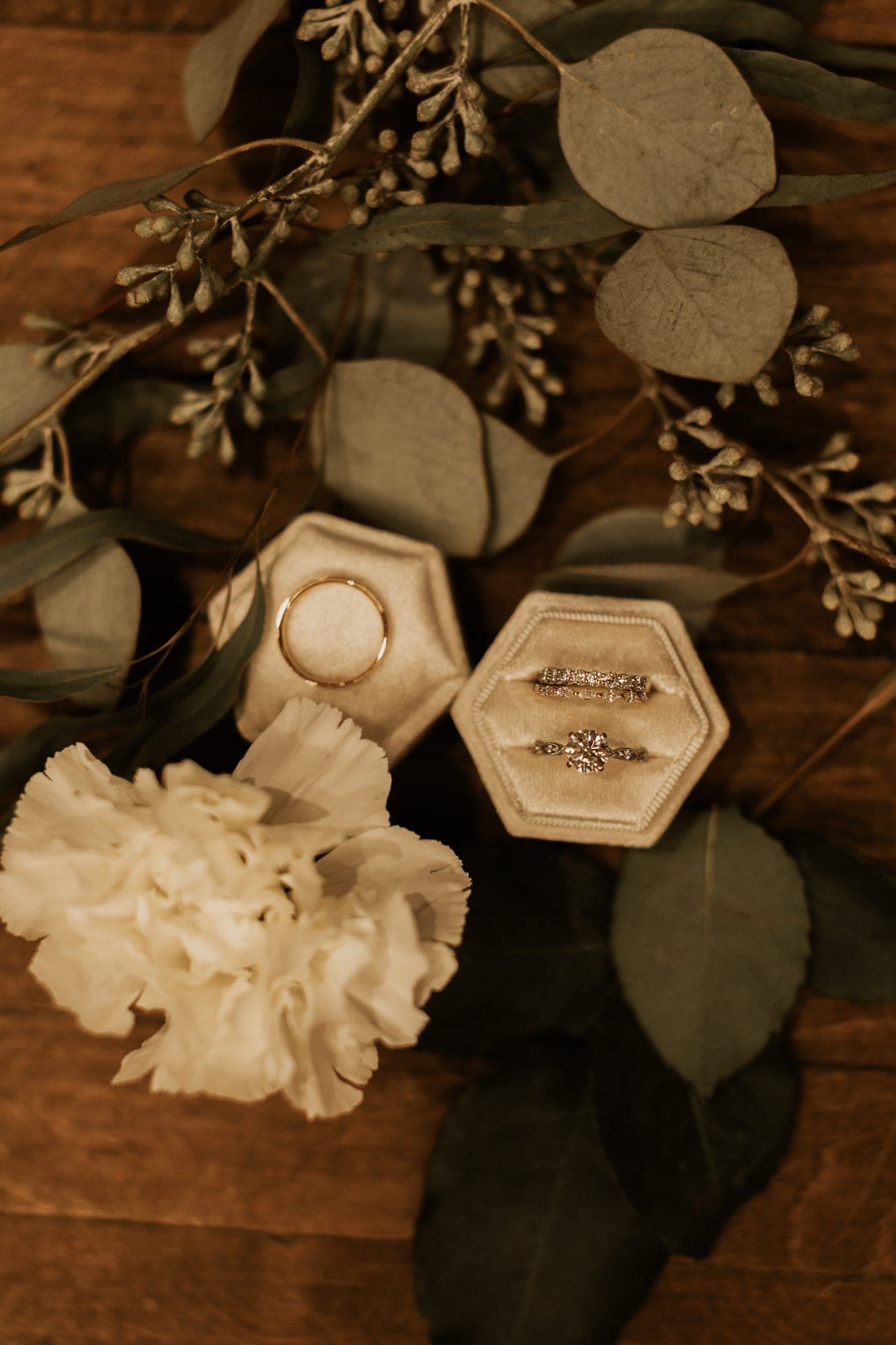 An engagement ring and two diamond bands sit in a velvet box beside a white carnation and eucalyptus on dark wood